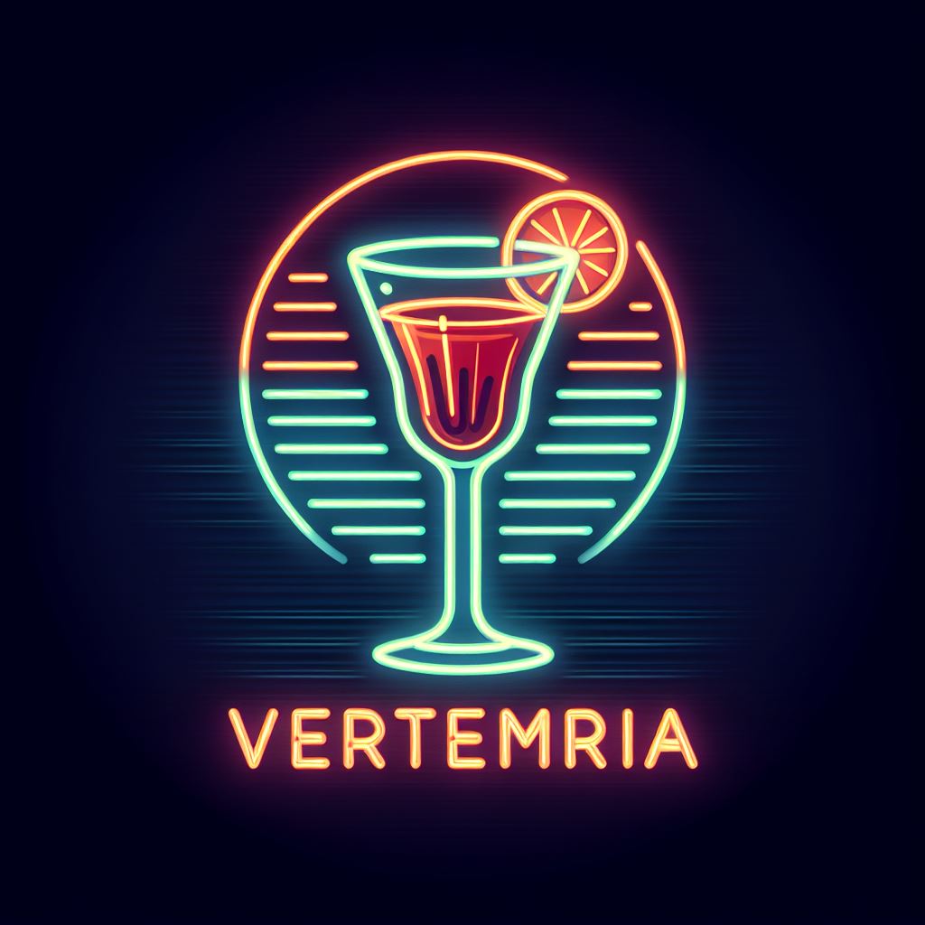 create image: Vermuteria neon logo | Glass of Vermouth | flat illustration | synthwave palette | dark plain background --style 6Od0hK25v1oU --s 750