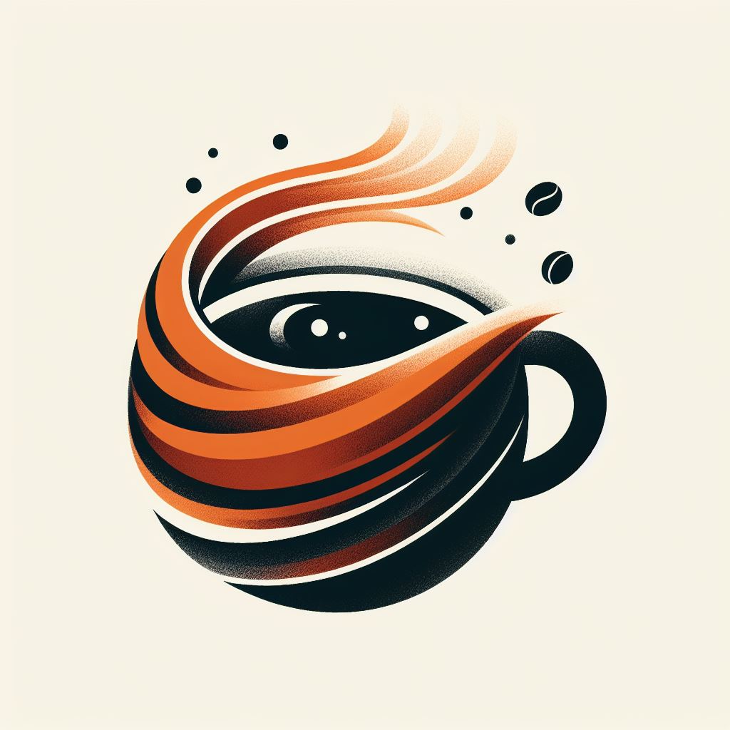 create a logo minimalistic 3d, logo, cup of coffee, table, orange, brown and black, white background --ar 16:9 --s 50